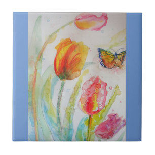 Carreau Aquarelle Tulipe rose Fleur florale Carrelage en c
