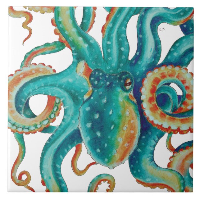 Carreau Aquarelle turquoise de tentacules d'Octopis (Devant)