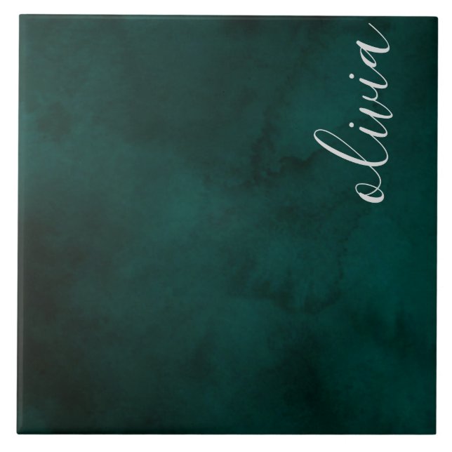 Carreau Aquarelle vert foncé Nom du monogramme (Devant)