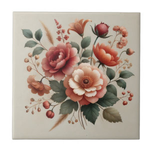 Carreau Aquarelle verte en terre cuite Décor floral élégan