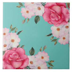 Carreau Aquarelle Vibrant rose Roses blanches Turquoise Re