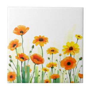 Carreau Aquarelle Vibrante Meadow avec des pavots Fleurs d