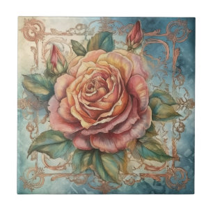 Carreau Aquarelle vintage Rose rose avec cadre décoratif