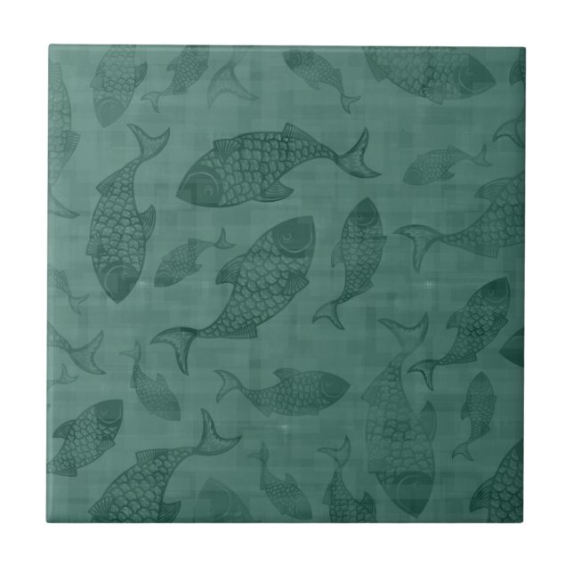 Carreau Aquatic Fish Stencil Art Teal Bokeh Pattern (Devant)