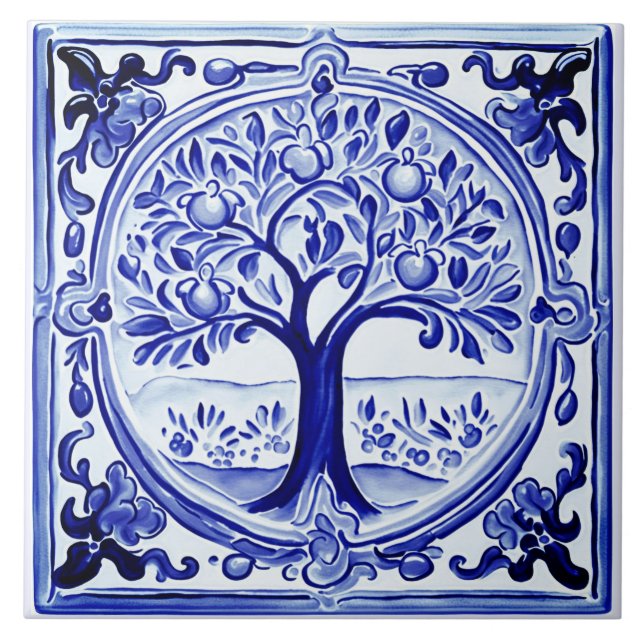 Carreau Arbre à fruits bleu et blanc Art folklorique médit (Devant)