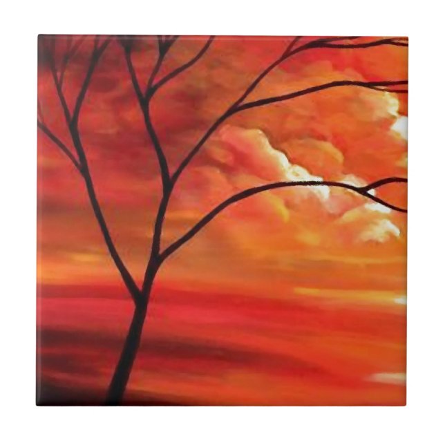 Carreau Arbre Abstrait et coucher de soleil rouge (Devant)