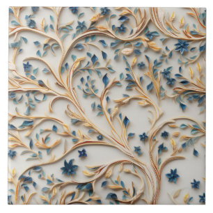 Carreau Arbre bleu et or, style sculpture sur bois