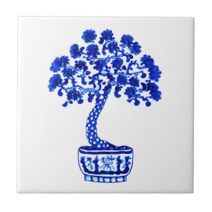 Carreau Arbre bonsaï en bleu et blanc de Cobalt