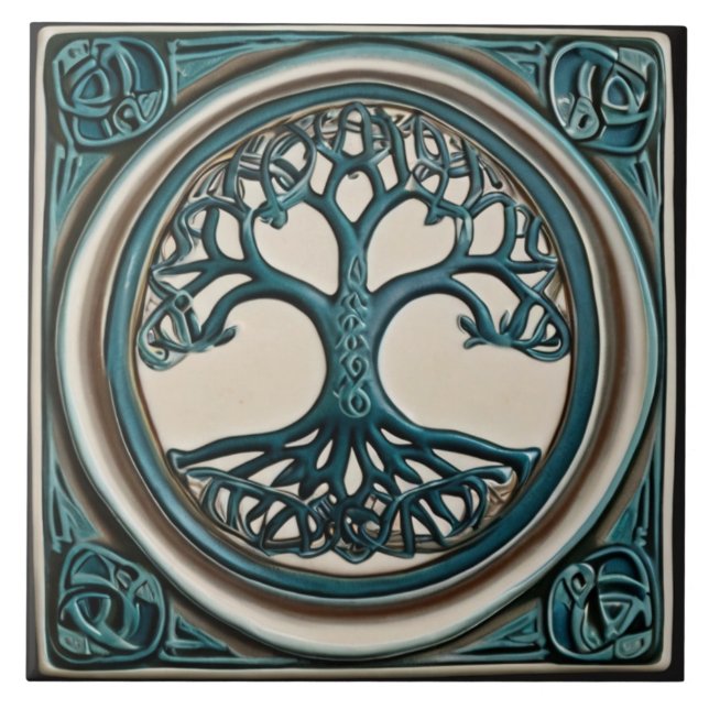 Carreau Arbre celtique de vie Turquoise Faux Relief Carrel (Devant)