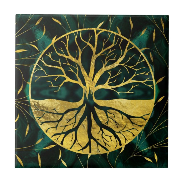 Carreau Arbre de la vie d'or Yggdrasil sur la malachite (Devant)