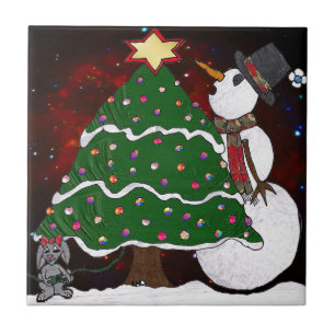 Carreau Arbre de Noël Snowman Surprise Art Imprimer