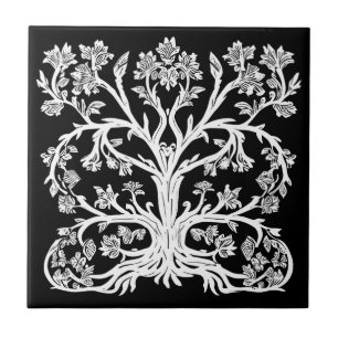 Carreau Arbre de vie floral en blanc sur noir