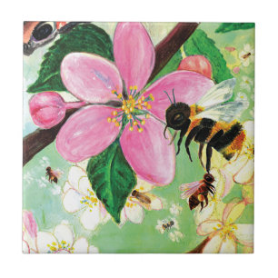 Carreau Arbre florissant avec abeilles illustration