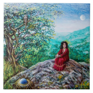 Carreau ARBRE MAGIQUE / Aube en bois vert et dame en rouge