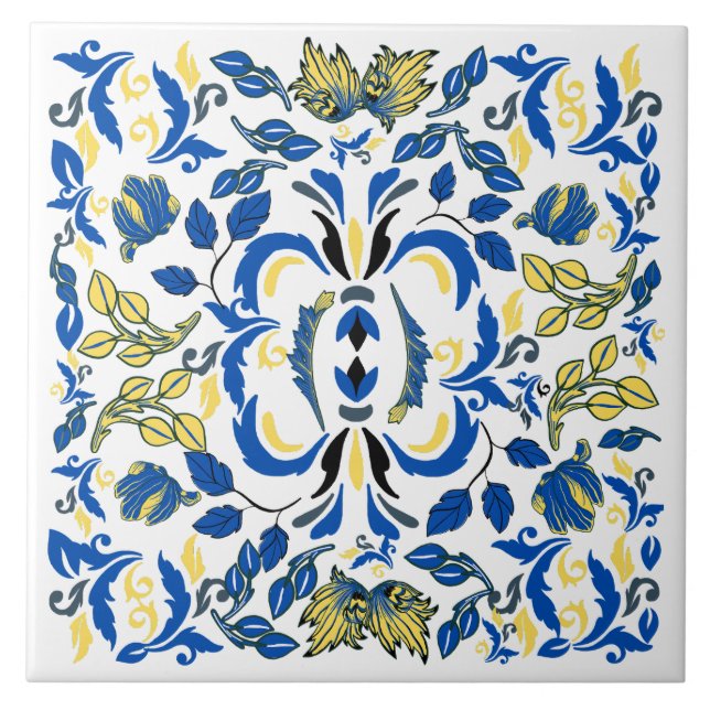 Carreau Arbres et feuilles William Morris bleu blanc jaune (Devant)