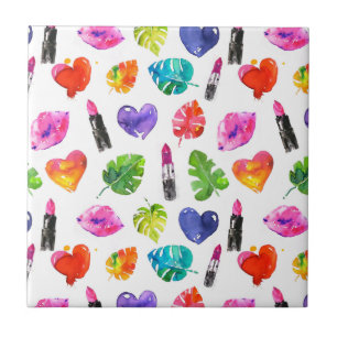 Carreau Arc-en-ciel aquarelle palme feuilles pin baiser ro