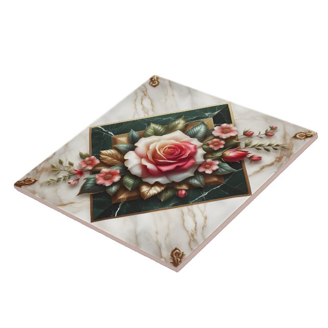 Carreau Arrangement rose sur le marbre élégant (Côté)