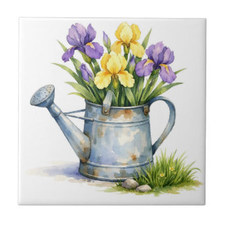 Carreau Arrosoir à l'aquarelle avec fleurs d'iris 