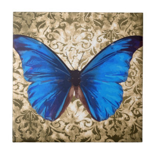 Carreau Art bleu de cru de damassé de papillon de monarque