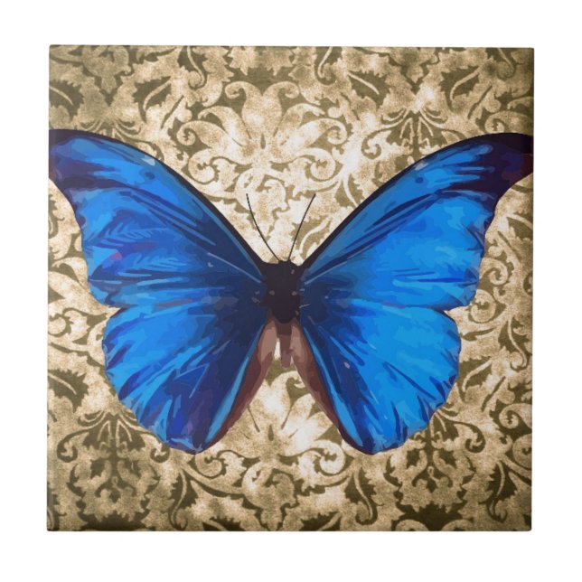 Carreau Art bleu de cru de damassé de papillon de monarque (Devant)