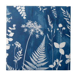 Carreau Art botanique de fougère au cyanotype bleu indigo