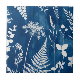 Carreau Art botanique de fougère au cyanotype bleu indigo