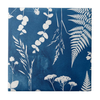 Carreau Art botanique de fougère au cyanotype bleu indigo