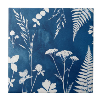 Carreau Art botanique de fougère au cyanotype bleu indigo