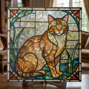 Carreau Art de faux vitrail de chat roux orange