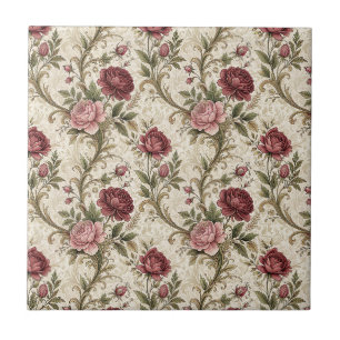 Carreau Art de motif floral de rose botanique et damas vin