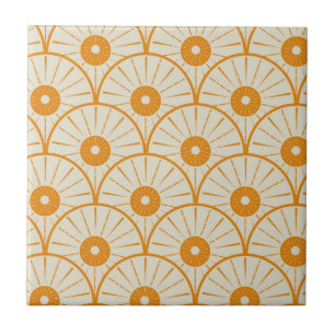 Carreau Art Déco Abstrait Soleil Orange sur Fond Blanc 