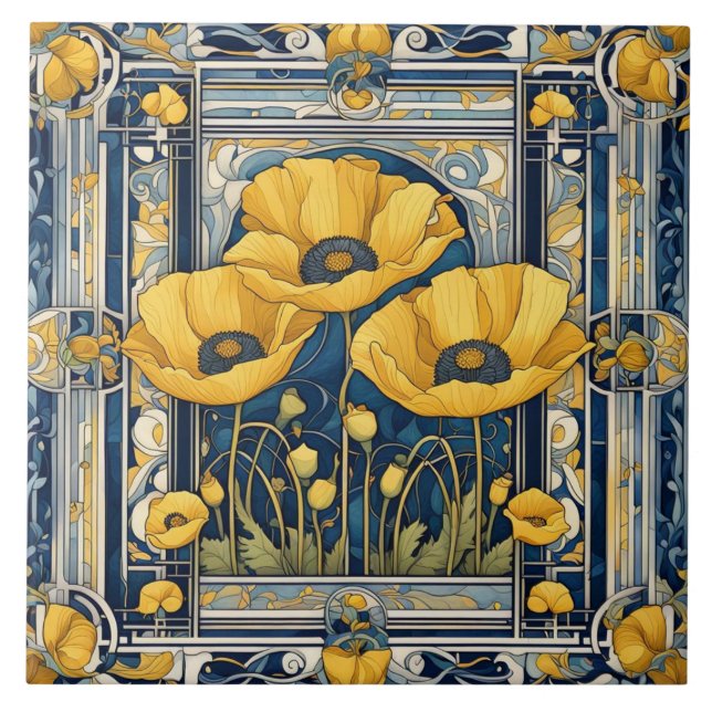 Carreau Art Déco Art Nouveau Pavot Jaune Fleurs Bleu (Devant)