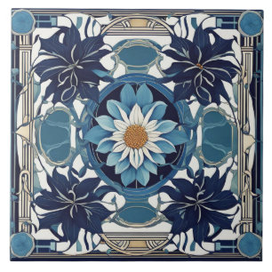 Carreau Art Déco Blanc Fleur Art Nouveau Bleu