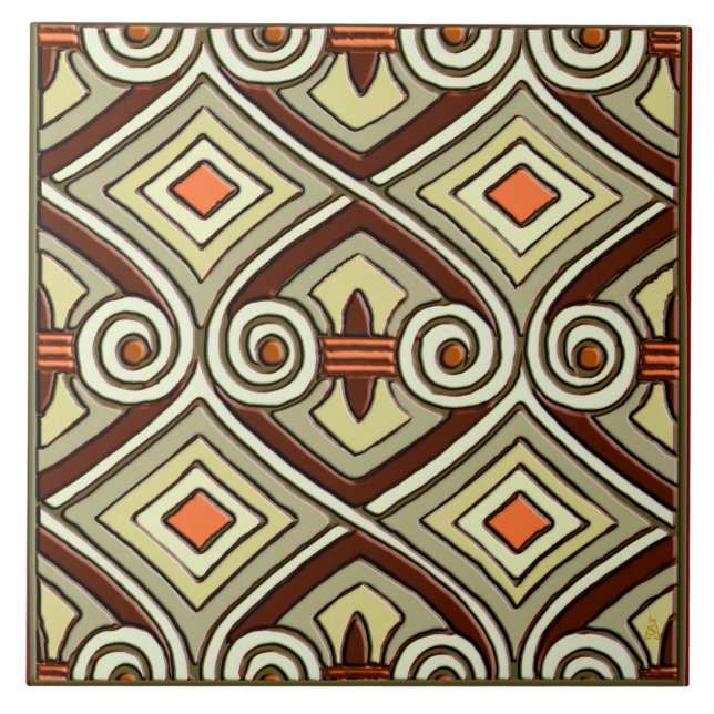 Carreau Art Déco Est Perse -Pea Green, Tangerine, Maroon (Devant)