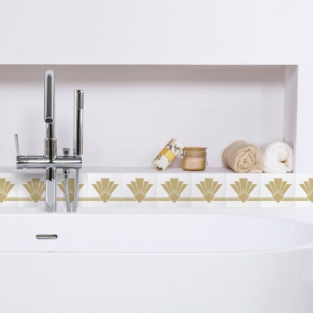 Carreau Art Déco Faux Or Blanc Chic Bordure géométrique 04 (Créateur téléchargé)