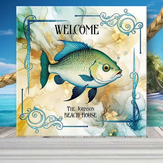 Carreau Art Déco Fish Ocean Beach House Carrelage céramiqu (Tile showing an art deco design with fish. Great for a coastal or beach house or seafood restaurant)