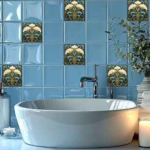 Carreau Art Déco Fleur Blanche Turquoise Bleu Or