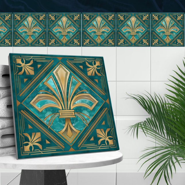 Carreau Art Déco Fleur-de-lis - Aquamarine et Or (Créateur téléchargé)