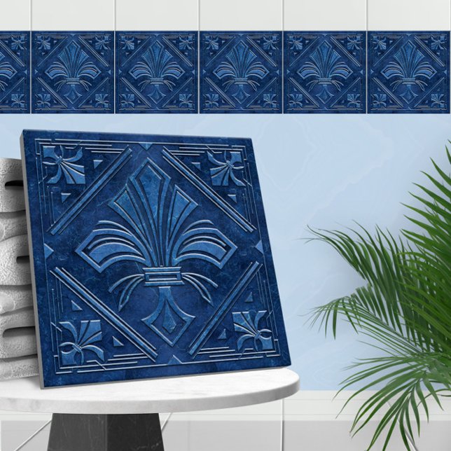 Carreau Art Déco Fleur-de-lis - Marbre bleu (Créateur téléchargé)