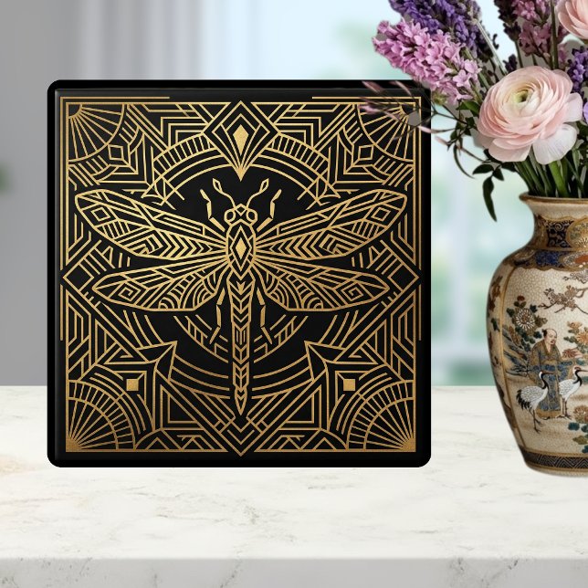 Carreau Art Deco Gold Dragonfly Black Geometric Design  (Créateur téléchargé)