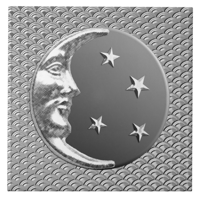 Carreau Art Déco Lune et étoiles - gris / gris et argent (Devant)