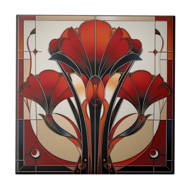 Carreau Art Deco Red Black White Abstract  Floral   (Devant)