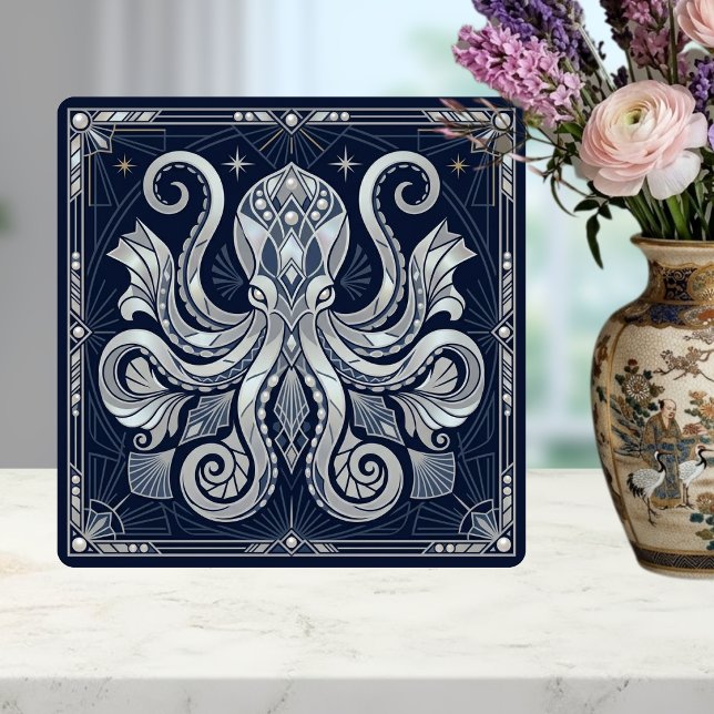 Carreau Art Deco Silver Octopus Mandala  Kraken  (Créateur téléchargé)