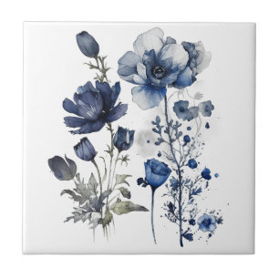 Carreau Art Delft bleu et blanc avec fleur sauvage