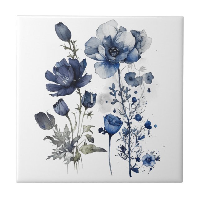 Carreau Art Delft bleu et blanc avec fleur sauvage (Devant)