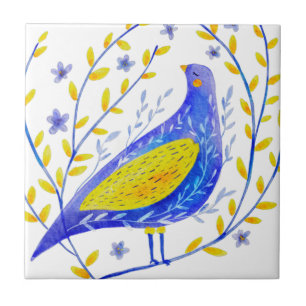 Carreau Art d'oiseau bleu et jaune à l'aquarelle moderne