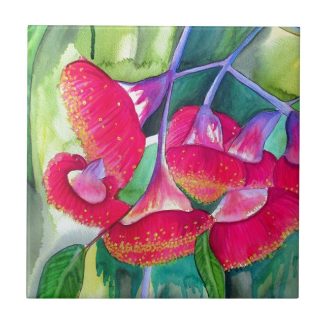 Carreau Art fleurissant rouge australien d'aquarelle de (Devant)