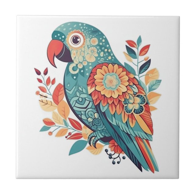 Carreau Art folklorique de Boho Floral Orange Bleu (Devant)