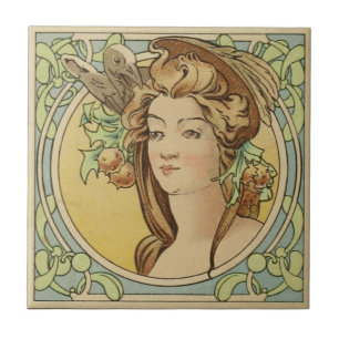 Carreau Art français vintage Nouveau de femme en céramiq