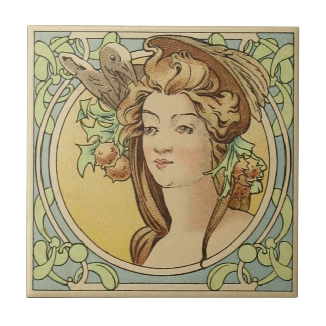 Carreau Art français vintage Nouveau de femme en céramique (Devant)